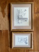 Photo showing two framed original pencil drawings by Sue Rupp with oak frames and peach/mauve and light blue matte.