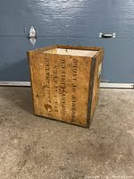 Wooden tea crate showing front and one side with stenciled text "AMALGAMATED TEA ESTATES" and "PRODUCE OF INDIA"