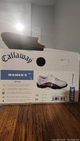 Box of Callaway women's golf shoes size 10, model W920 Silvan, showing brand and shoe details on label.