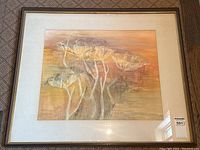 Framed vintage abstract watercolour painting featuring tall stems and umbels of Queen Anne's lace flowers in muted warm tones with visible signature and frame edge.