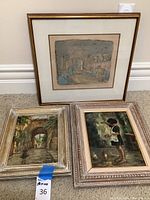 Overview of three framed artworks: two small oil paintings and one larger drawing