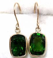 Front view of both earrings showing rectangular cushion cut green diopside stones in yellow gold bezels hung on hook wires.