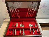 Complete view of the cutlery set arranged in wooden case with red fabric interior.