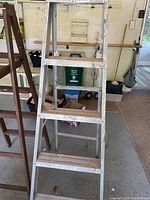 Full frontal view of the metal ladder showing steps and top platform in a garage setting