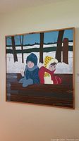 Full view of original painting by Elizabeth Mountfort featuring two children in winter clothing against snow and trees.