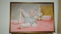 Full view of framed oil painting showing stylized nude figure, cat, and lamp object
