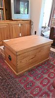 Full view of the wooden chest resting on rug beneath TV stand