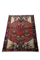 Full view of rectangular nomadic handmade rug with central reddish-orange medallion and white background with floral geometric motifs, floral dark border, fringe ends.