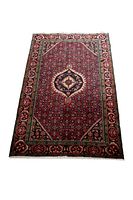 Full view of the rectangular Persian rug showing the central medallion and detailed border with floral and geometric patterns in red and dark tones.