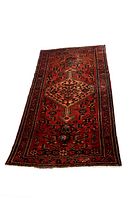 Full view of Zanjan runner rug showing overall geometric pattern and red-golden-beige color combo with linear borders