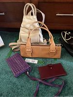Overview image showing all five items arranged on carpet: white backpack, tan handbag, purple crossbody bag, purple wallet, and burgundy folder.