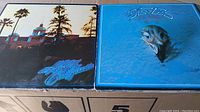Photo of the cover of 'Hotel California' album and blue Eagles album with skull art