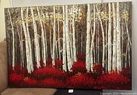 Full view of original canvas painting with white aspen trees and red foliage.