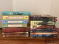 Photo showing stacked children's books and graphic novels including OCDaniel, The Mysterious Benedict Society series, Bone series, Amulet series, and House of Secrets books.