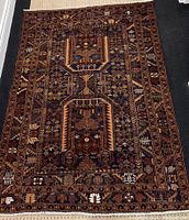 Full front view of rectangular rug laid on dark floor, showing overall pattern and colors