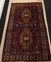 Full view of rectangular wool rug featuring two large medallions and colorful border patterns.