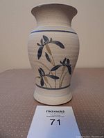 Front view of the blue and grey hand-painted floral design vase with flared mouth.