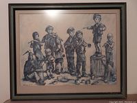 Framed print of children playing musical instruments in a band, including flute, violin, trumpet, drums, and a child conductor.