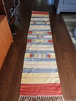 Full length view of the multi-colour carpet runner displayed on wood floor, showing overall pattern and fringed ends