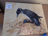 Full view of original painting showing loon on nest with eggs, signed by artist, laying flat against wall.