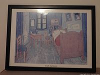 Full view of first Van Gogh print framed showing bedroom interior scene