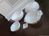 Five bowls and one Pyrex lid placed on the floor showing variety and relative sizes