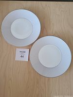 Top view of two white ceramic plates with fine black vertical stripes on outer rims, laid side by side on wood surface, showing front design.