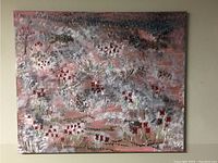 Full view of original acrylic painting on canvas showing Desert Pea flowers in Australian landscape style with a soft pink and brown background.