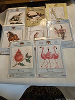 Photo showing the full set of 7 Bothy Threads cross stitch patterns with various animal and floral designs and 1 How To Guide on counted cross stitch.
