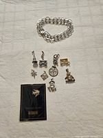 Photo showing 11 piece charm bracelet set with sterling silver bracelet and assorted charms including original packaging for fish charm.