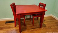 Red kids table with two red chairs, showing wear and stains on table surface