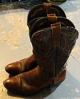 Full view of both cowboy boots showing pointed toes, stacked heels, and decorative stitched leather shafts.