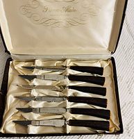 Photo showing six Pierre Alain steak knives with serrated stainless steel blades and dark textured handles in original satin-lined box.