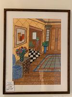 Full frontal view of framed artwork showing mat and frame