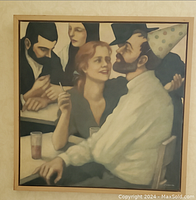 Front view of framed painting showing three figures at a bar scene