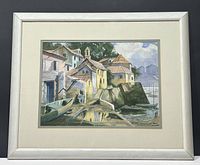 Full view of the framed watercolour painting showing village and waterfront scene.