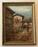 Framed oil painting showing a vertical composition of a rustic outdoor scene with a walking figure, detailed texture and warm tones.