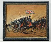 Image showing full view of oil painting on board framed, depicting cavalry soldiers in action with Union Jack flag, by artist Davis.