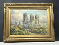 Full view of framed watercolor painting depicting Durham Cathedral with foliage foreground