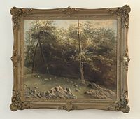 Overall view of framed oil painting showing wooded ravine scene and decorative gold frame