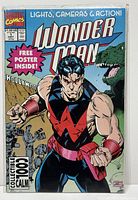 Front cover of Marvel Wonder Man #1 comic book showing Wonder Man character with details such as 'Lights, Camera & Action!' tagline and a free poster inside starburst graphic.
