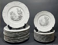 Set of 24 vintage porcelain plates divided into two stacks showing dinner and luncheon plates with scenic design and silver rim, held upright on black stands.