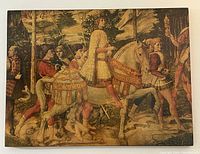 Full view of the wooden panel painting illustrating Lorenzo de Medici on a horse with attendants.