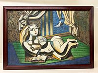 Full view of the framed oil painting showing a reclining nude woman in cubist style with window and moon in background