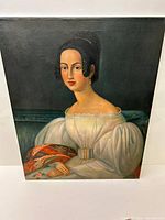 Full view of the oil painting showing the woman in a white dress.