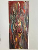 Full view oil painting on canvas, colorful vertical panel with female figure and multiple side profiles