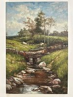 Full view of oil on canvas landscape painting showing creek, stone bridge, trees, and hills.