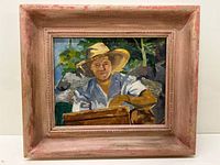 Full view of framed oil painting showing woman in a wide-brimmed straw hat and natural background.