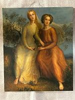 Full view of the oil painting showing two women in classical dress seated outdoors.