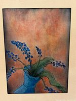 Full view of the watercolour painting showing blue flower stems in a blue vase with warm orange background.